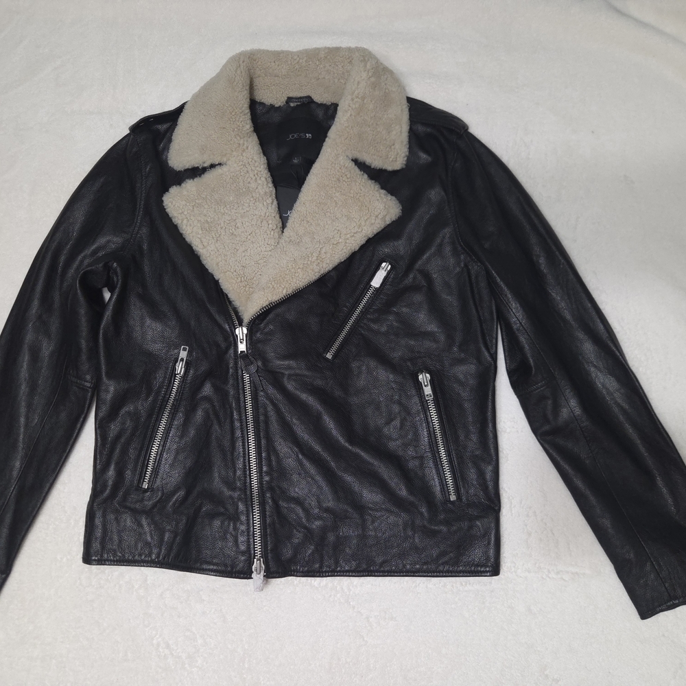 Men's Black Leather Jacket with Cream Shearling Collar